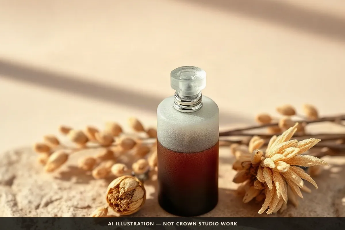 صورة توضيحية: زجاجة عطر بجانب نباتات مجفّفة على حجر بيج دافئ.